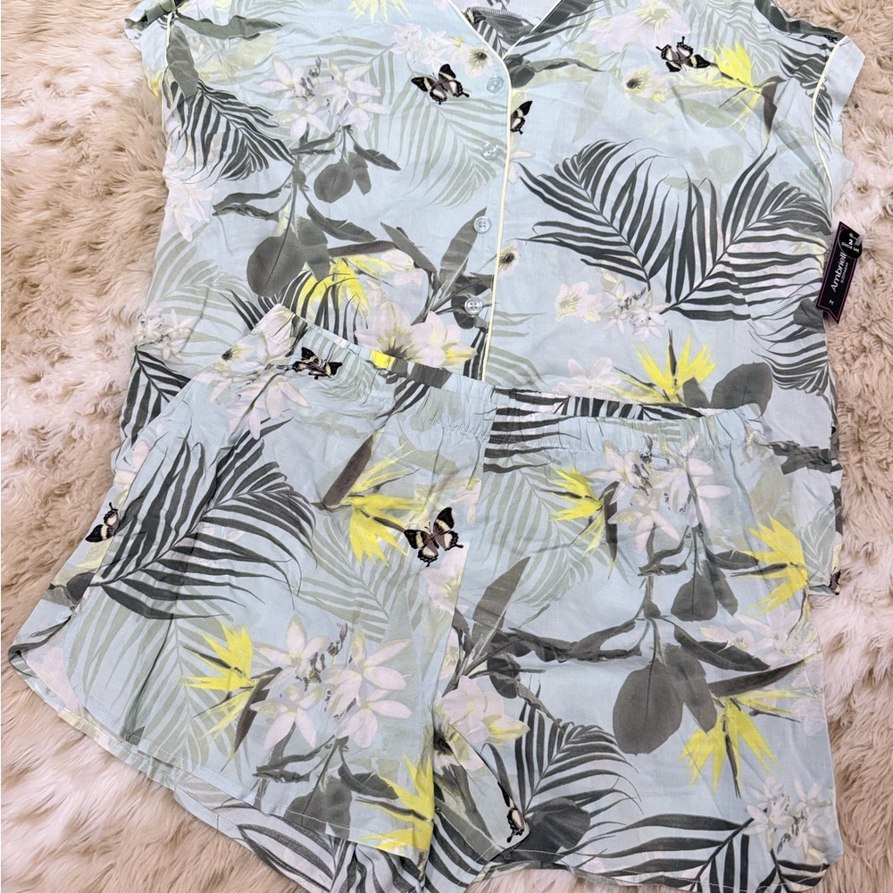 Ambrielle Floral Print Pajama Set - Light Blue and Yellow Black and Olive
